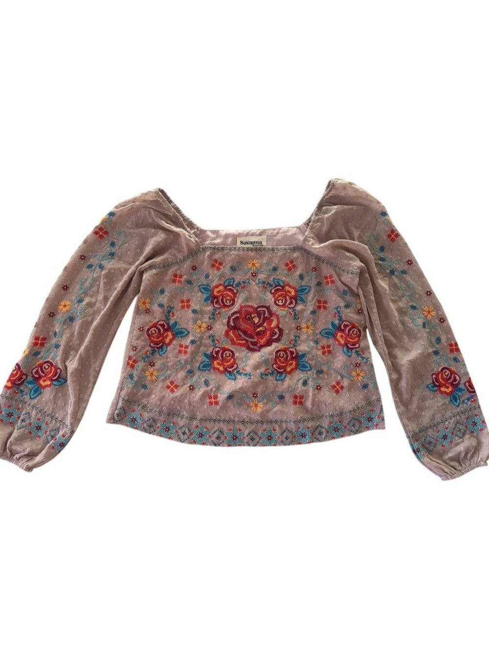 Savanna Jane Top Womens Small Peasant Boho Blouse Festival Embroidery Pretty